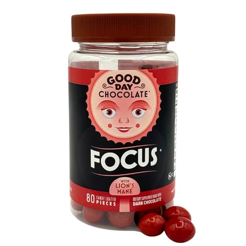 Good Day Chocolate Focus - Dark Chocolate with Lions Mane Mushroom, Nootropics & Brain Nutrients for Clarity, Memory & Mental Stamina - 80 Count