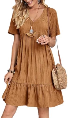 Womens Summer Short Sleeve V Neck Tiered Dress Ruffles Dress Solid Pleated Tunic Dress Empire Waist Mini Dresses