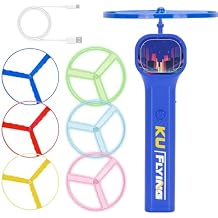 Rechargeable Disc Launcher with 6 Flying Spinners for Outdoor Activities Game White Elephant Gift Fidget Toys (Blue)