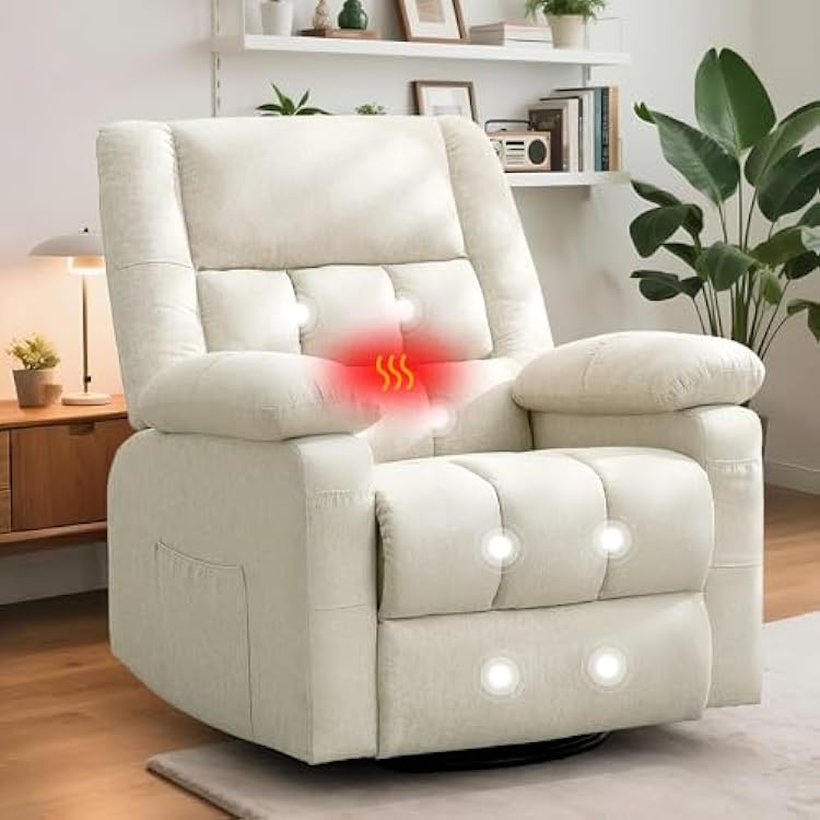 Korser Recliner Chair, Swivel Recliner Chairs for Adults, Glider Rocker Recliner with 2 Side Pockets, Recliners with Heat and Massage, Manual Reclining Chair for Living Room, Bedroom, Nursery, Linen