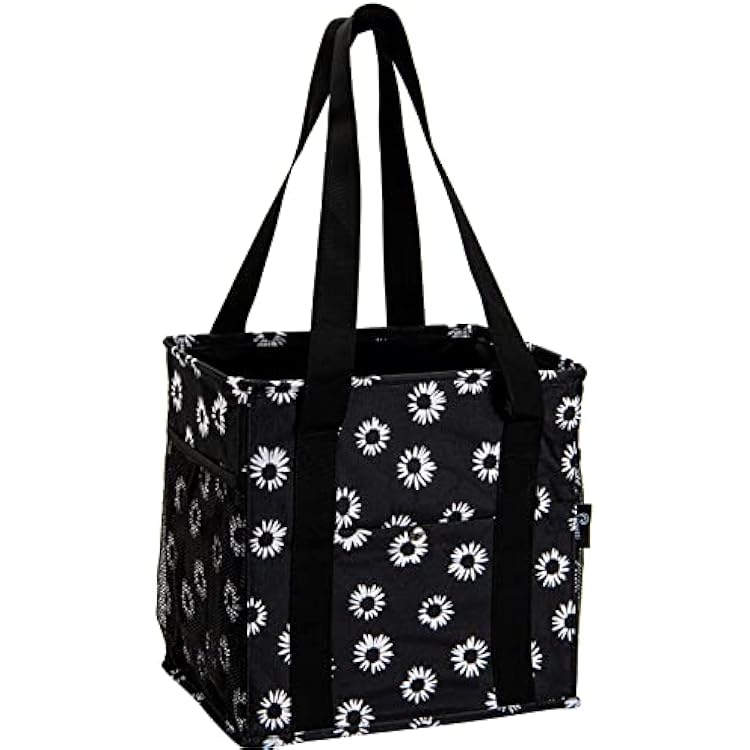 Small Utility Tote Bag for Women with 4 Exterior Pockets - Perfect as Lunch Tote, Reusable Grocery, Shopping, Work, Teacher, and Nurse Bag Black Daisy