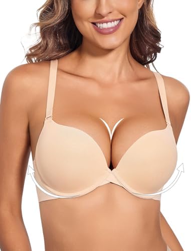 Plunge Padded Push Up Bras for Women Seamless Tshirt Deep V Bra Underwire Add 2 Cups