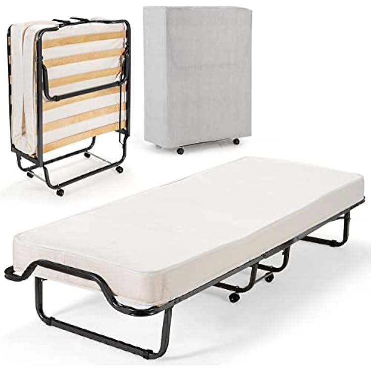 GORELAX Folding Bed Cot with 4 Mattress, Rollaway Guest Bed wMetal Bed Frame & Wooden Slats, Memory Foam, Dustproof Cover Included, Portable Bed Set on Wheels, Cot Size Foldable Single Bed