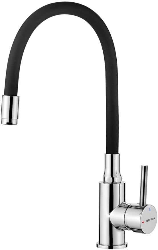 GRIFEMA Flexible Kitchen Tap, Polished Chrome Kitchen Mixer Tap with 360° Swivel Bendable Spout, Single Lever Kitchen Sink Taps with Dual Function Spray, Solid Brass-Black