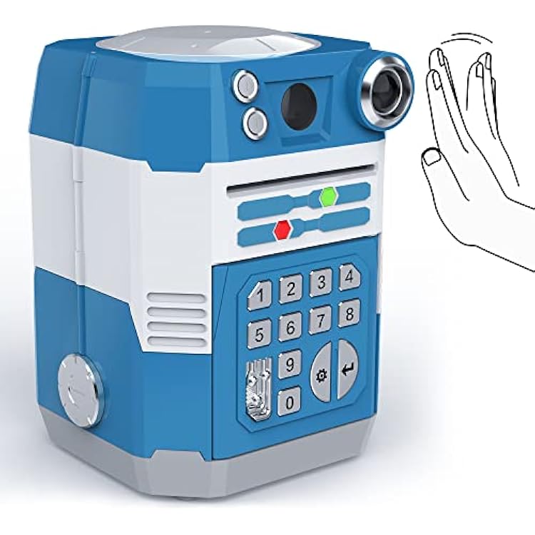 Kids Electronic Piggy Bank with Wave Activation  Password - Auto-Scan Bill Slot, Coin Slot, Infrared Sensor Safe Box, Gift for 4-11 Year Olds Blue