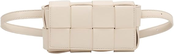 Mini Fanny Pack with Adjustable Strap Crossbody Shoulder Bag for Women, PU Leather Woven Belt Bag Cassette-Style Waist Purse for Daily (Beige)