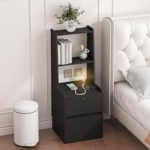 Tall Nightstand with Shelves, Wood Nightstand with Charging Station and Smart Light, Bed Side Table with Lock Drawer for Bedroom, Black