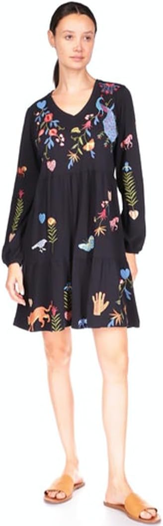 Johnny Was Adela Tiered Knit Dress Puff Sleeve Floral Embroidery V-Neck Black New