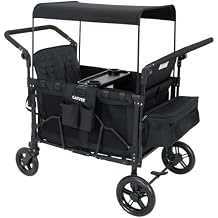 GarveeLife 4 Seater Wagon Stroller - Premium All-Terrain Wagon for Kids with Snack Tray, Removable Canopy, Adjustable Push/Pull Handle & Fold, Black