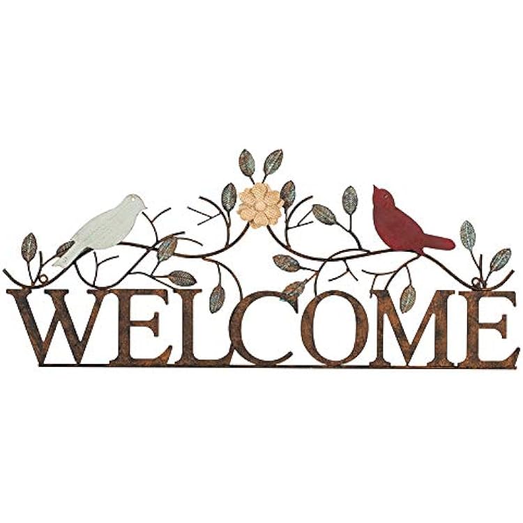 Birds on Branch Welcome Sign Metal Wall Art, 26.5 x 11