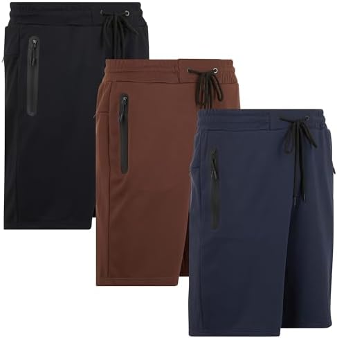 PURE CHAMP Mens 3 Pk French Terry Cotton Casual Gym Shorts for Men Athletic Workout Training Sweat Shorts with Zipper Pocket