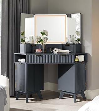 T4TREAM Fluted Makeup Vanity Desk Dark Grey