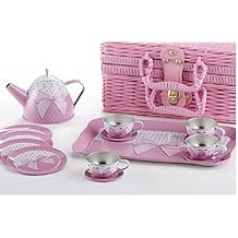 Delton Products Tin 15 Pieces Tea Set in Basket Pink Bow Serveware