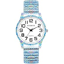 OIDEA Elastic Strap Wristwatch for Womens: Boho Floral Stretch Band Watches Easy Reader Big Number Analog Quartz Bracelet Watch Expansion Band Watch