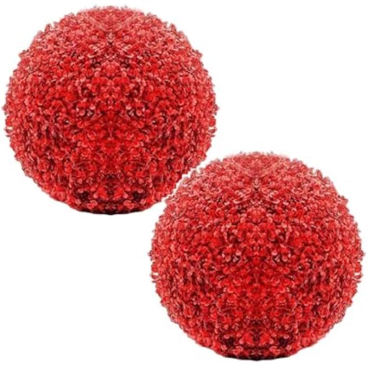 2 Pcs Artificial Plant Topiary Ball, Faux Boxwood Balls, All-Year Faux Plant Decorative Balls for Backyard, Balcony,Garden, Wedding and Home Decor Red, 7.09inch
