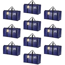 Cryster 10-Pack Blue Moving Bags with Strong Zippers,Heavy Duty Storage Totes With Comfortable Handles,Large Storage Totes for Student Supplies