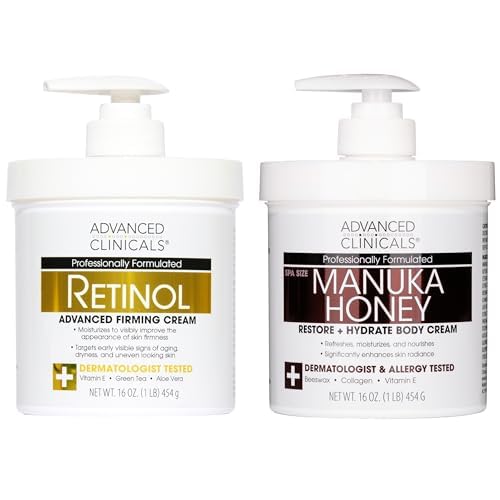 Advanced Clinicals Unscented Retinol Body Lotion & Face Moisturizer  Manuka Honey Body Cream For Women & Men | 2PC Skincare Set Helps Reduce Appearance Of Crepey Skin  Extremely Dry Skin, 2pc Set