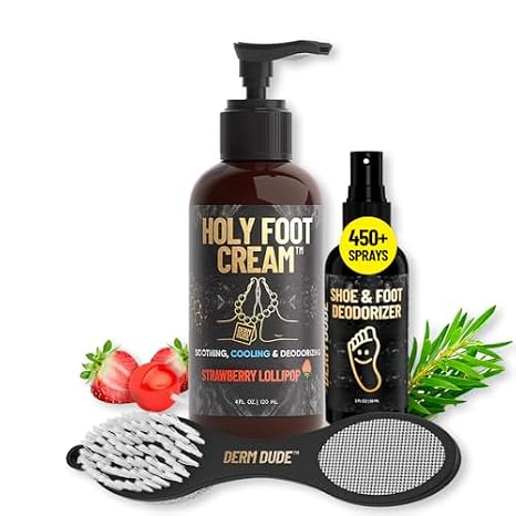 Derm Dude Holy Foot Set | Cream for Dry Cracked Heels, Shoe Deodorizer Spray & 4-in-1 Foot Scrubber Repair Tool | W/All-Natural DeoPlex for Odor Control | Freshen Feet & Shoes -Strawberry