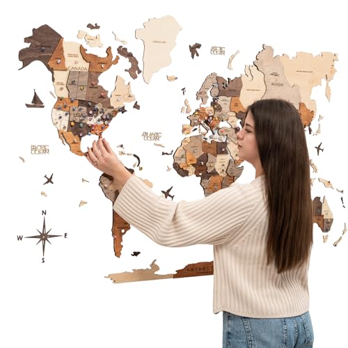 Enjoy The Wood 3D Wooden World Map Wall Art - Large Travel Map with Pins for Art Decor - Decorative Map of the World for Home, Office - Travel Wall Art Housewarming Gift Idea Multicolor, M, Unframed