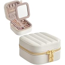 SONGMICS HOME Travel Jewelry Case, Small Jewelry Box Organizer with Mirror, 4.1 x 4.1 x 2.4 Inches, Stitching, Portable, Gift Idea, Cloud White UJBC179W01