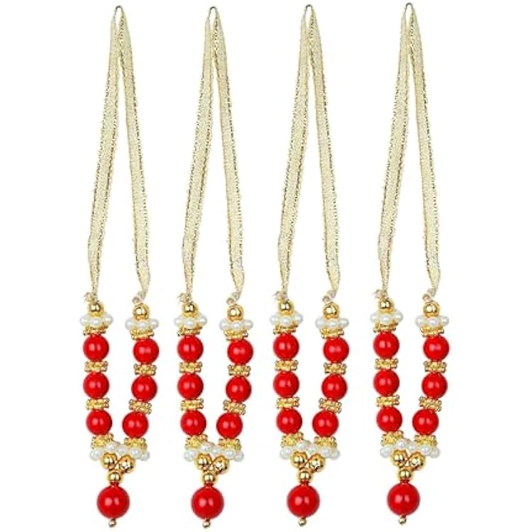 Set of 4 Mala Artificial Beads Ribbon Garland , Small Idol Mala Pooja Sringar Articles Ornament Indian Traditional Festival Decoration Home Decor for God Frame Size:-2 InchesRed & Golden