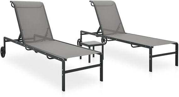 Sun Lounger Grey Textilene and Steel Large Adjustable Armrests Deck Chair Garden Sun Lounger