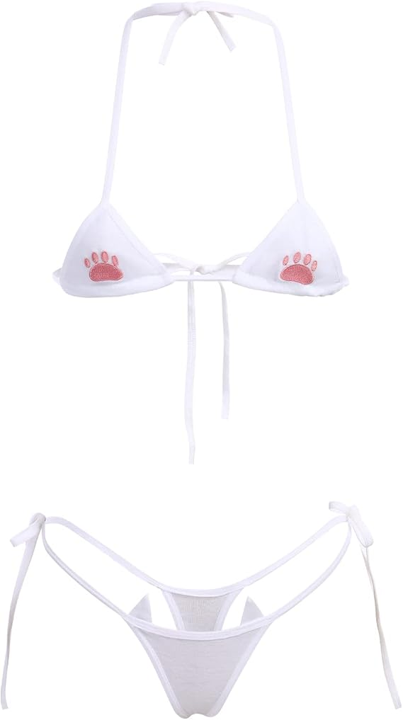 Womens Cute Kawaii Anime Cat Kitten Lingerie Set Micro Bikini Strappy Tiny Bra Mini Panty Extreme Swimsuit