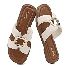 UBFEN Women's Square Toe H-Strap Slide Sandals Trendy Comfortable Summer Flat Sandals for Casual, Beach, Vacation