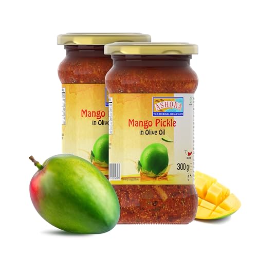 Ashoka Mango Pickle | Authentic Indian Pickle Recipe | All Natural | Indian Food | Medium Spiced | Great for Seasoning | Vegan | Kosher Certified | 300 Grams Glass Jar Pack of 2