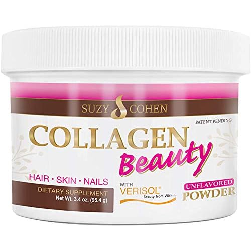 Collagen Beauty PowderTM By Suzy Cohen 3.3 oz Anti Aging Hydrolyzed Protein Collagen Powder Type I and III for Supple Skin, Shiny Hair & Strong Nails- Unflavored Powder Drink with Verisol- Made in US