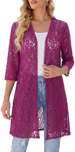 Seta T Womens Cardigan Lace 34 Sleeve Crochet Open Front Long Cardigans Lightweight Cover Up