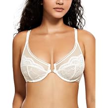 Deyllo Women's Lace Front Closure Bra Semi-Sheer Underwire Unlined Racerback Bra for Everyday