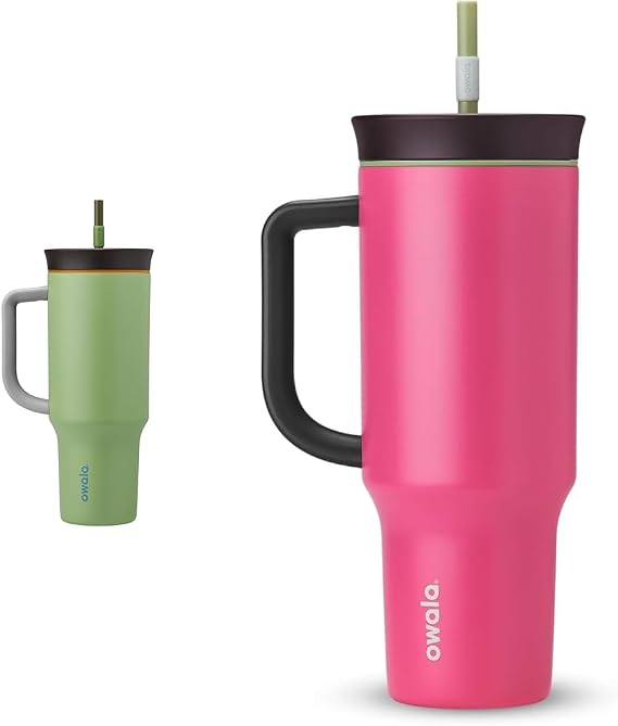 Owala 40oz Stainless Steel Insulated Travel Tumbler Bundle with Spill Resistant Lid, Straw - Green Brave Adventures & Pink Watermelon Breeze