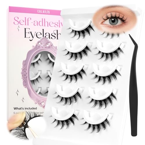 CALAILIS Self Adhesive Eyelashes Natural Look Spiky Manga Press On Lashes No Glue Need Eyelashes 5 Pairs Reusable Anime Self-adhesive False Lashes A21