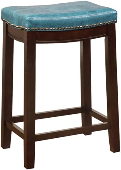 Linon Claridge Backless Counter Stool Blue Faux Leather Wood Frame in Dark Brown