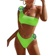 YIMISAN Women's Ribbed Bikini Sets 3D Rose Floral One Shoulder Top with Mid Waist Two Piece Bathing Suit
