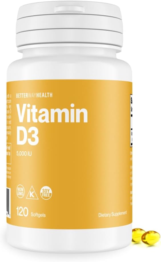 Better Way Health Vitamin D3 5000 IU High Potency Softgel Vitamin D Supplement for Immune & Bone Health Non-GMO, Dairy-Free, 120 Softgels