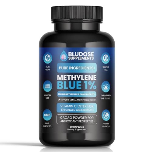 Methylene Blue Capsules Supplement with Vitamin C Ester & Organic Cacao | USP Grade | 60 Vegan Caps | Non-GMO, Gluten Free, Made in USA, GMP Certified
