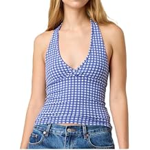 Y2k V Neck Halter Tops for Women Cute Plaid Print Open Back Tie Up Crop Tank Top Summer Fairy Vintage Sexy Camisole