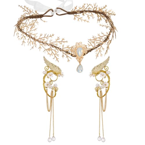 SWEETV Fairy Flower Hairband with Elf Ears, Halloween Fairy Headpiece for Women, Leaf Elf Circlet with Wings Cuff Earrings, Leaf Hairband Set for Photoshoot Cosplay Party