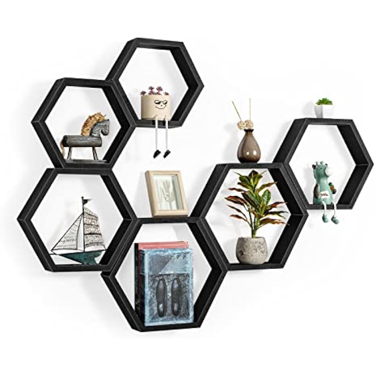 YBING Hexagon Floating Shelves Black Hexagon Shelves for Wall Wood Farmhouse Storage Honeycomb Shelves Set of 6 Hexagon Wall Mounted Home Decor Storage Shelves for Living Room Bedroom Office