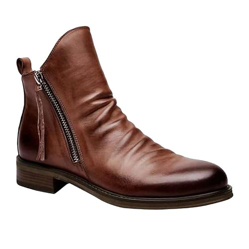 Mens High Top Casual Leather Boots-Mid-calf Round Toe Snow Boots-Chelsea Ankle Boots Lace Up Low Heel Combat Boots