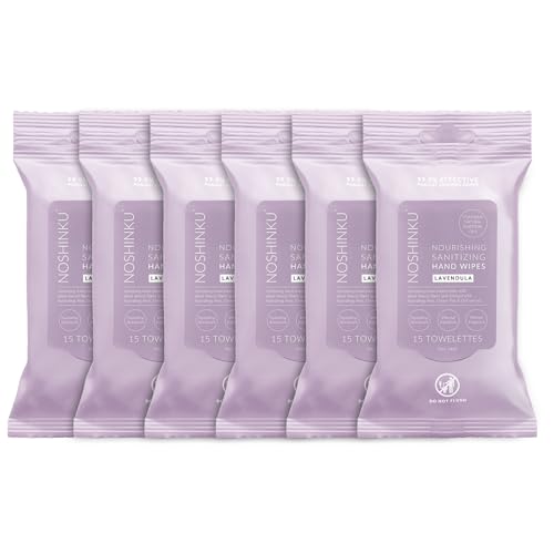 Noshinku Lavendula Hand Sanitizer Wipes, 6-Pack 90 Towelettes Resealable Travel Wipes with Ethyl Alcohol, Aloe & Green Tea, Plant-Based Fiber, Essential Oil Scents, Cruelty-Free & No Dyes