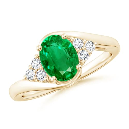 Angara Natural Emerald Ring for Women | Oval Emerald Bypass Ring with Trio Diamond Accents in 14K Solid GoldPlatinum | May Birthday, Anniversary, Gemstone Jewellery Gift