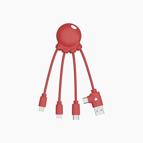 Xoopar 4-in-1 Multi USB Octopus Cable Universal Charger with USB-C, Lightning & Micro USB Made from Ocean Recycled Plastic OBP RED