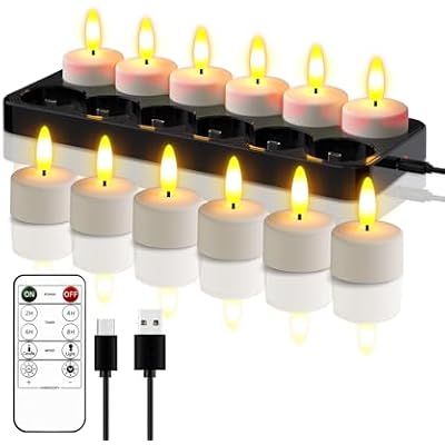Rechargeable Tea Lights Flameless Candles with Remote Control, Flickering LED Candles with Timer Battery Charging Base for Home Decor Centerpieces Table Holiday Accents Christmas Decoration 12 Pack