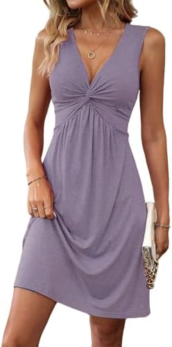 Womens Twist Front Dress V-Neck Ruffle Tank Dresses Casual A Line Sleeveless Dress Sexy Club Party Dresses