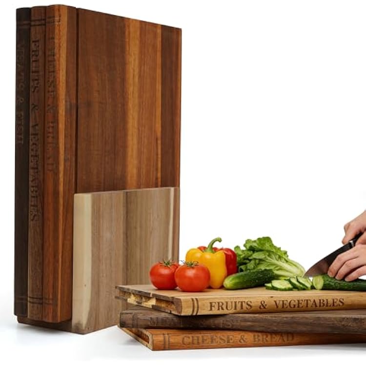 Book Cutting Board Set with Stand, Solid Acacia Book Shaped Cutting Board, 3pcs Bookshelf Cutting Board for Classify the food, Decorative Library Cutting Boards Set, Unique Gift for Book LoversChefs