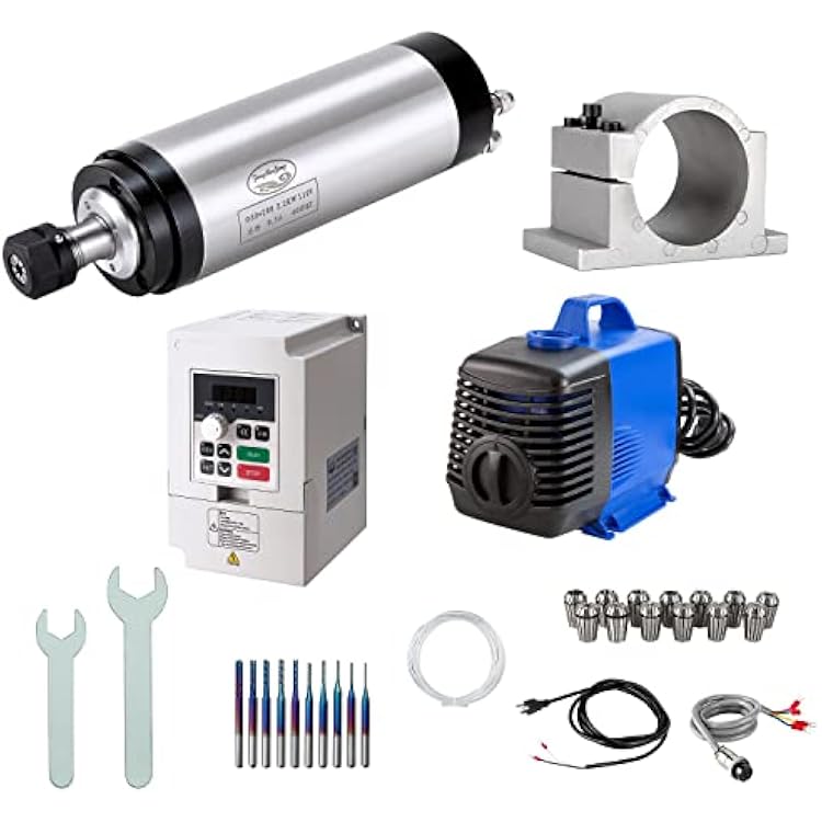 CNC Spindle Motor Kits, 110V 2.2KW 80mm Water Cooled Spindle Motor CNC motor 110V 2.2KW VFDClamp Mount Water Pump Water pipeER20 Collet set  Drill bits wireswrenches for CNC Router Machine