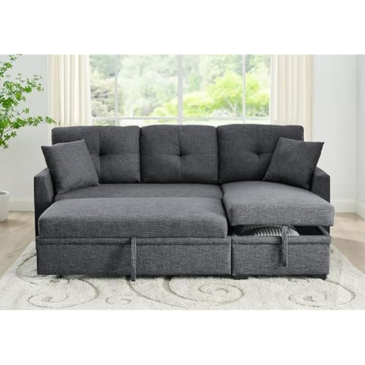 ERYE 83-inch L Shaped Pull Out Sleeper Couch Bed, L-Shaped Corner Reversible Sleeper Sectional Sofa Polyester Blend Tufted Upholstered Convertible Sofa Bed with Storage Chaise for Living Room